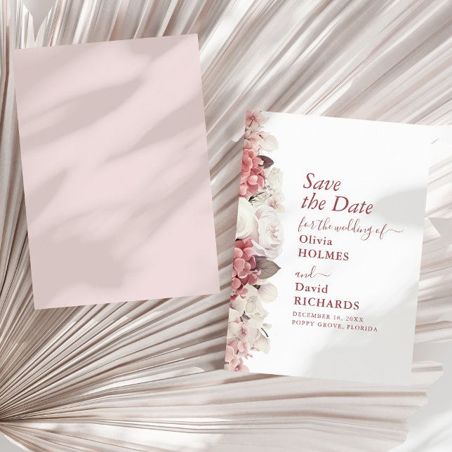 Boho Chic Dusty Rose Hydrangea Wedding Save The Date (Boho Chic Dusty Rose Hydrangea Wedding Save The Date on a sunny neutral dry palm leaf.)