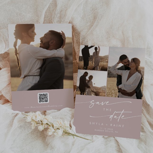 Boho Chic Dusty Rose Pink Multi-Foto QR Code Save The Date (Von Creator hochgeladen)