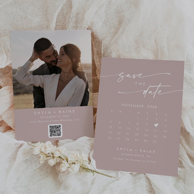 Boho Chic Dusty Rose Pink QR Code Foto Calendar Save The Date (Von Creator hochgeladen)