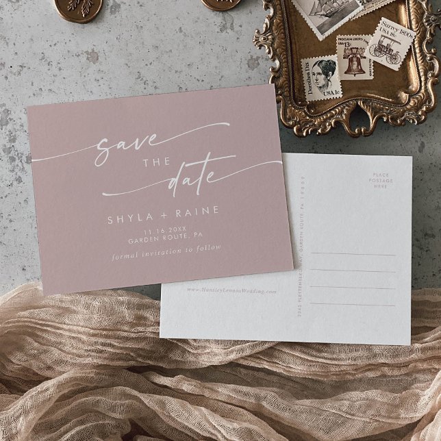 Boho Chic Dusty Rose Pink Wedding Save the Date Einladungspostkarte (Von Creator hochgeladen)