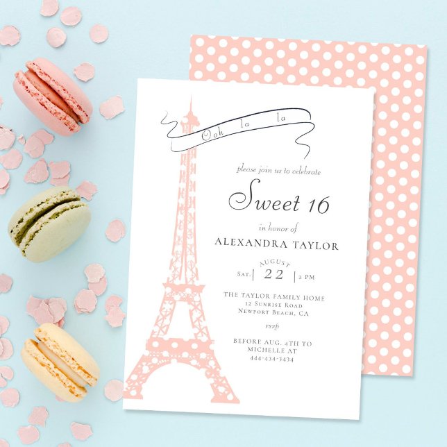 Boho Chic Eiffel Paris Blush Polka Dots Sweet 16 Einladung (Von Creator hochgeladen)