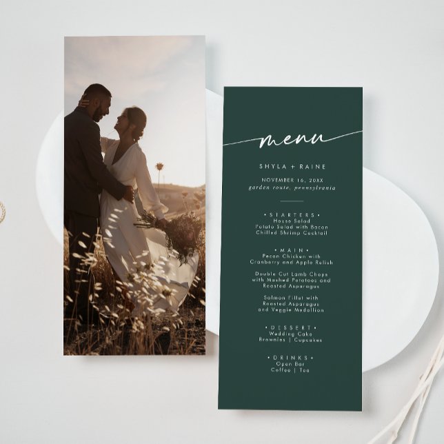 Boho Chic Emerald Green Foto Wedding Menükarte (Von Creator hochgeladen)