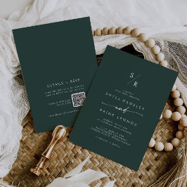 Boho Chic Emerald Green Monogram QR Code Wedding Einladung