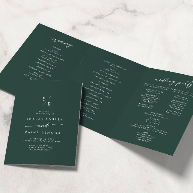 Boho Chic Emerald Green Monogram Wedding Dreifach-gefaltete Programmkarte (Von Creator hochgeladen)