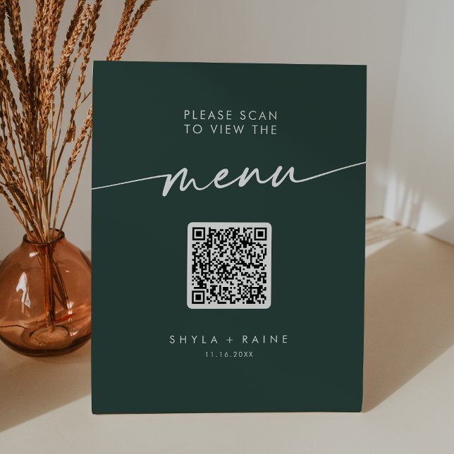 Boho Chic Emerald Green QR Code Wedding Menu Sockelschild (Von Creator hochgeladen)