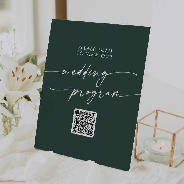 Boho Chic Emerald Green QR Code Wedding Program Sockelschild (Von Creator hochgeladen)