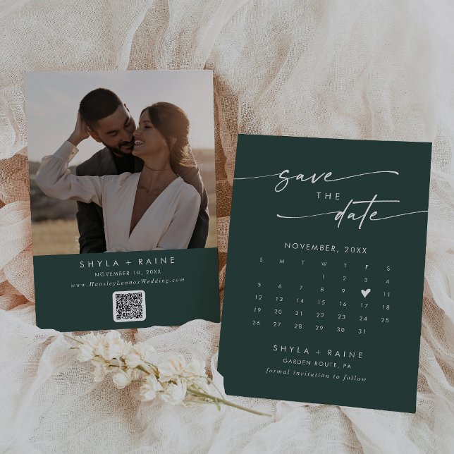 Boho Chic Emerald Green QR Foto Calendar Save The Date (Von Creator hochgeladen)