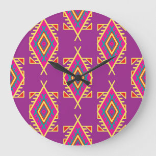 Boho Chic: Ethnisches nahtloses Ornament Große Wanduhr