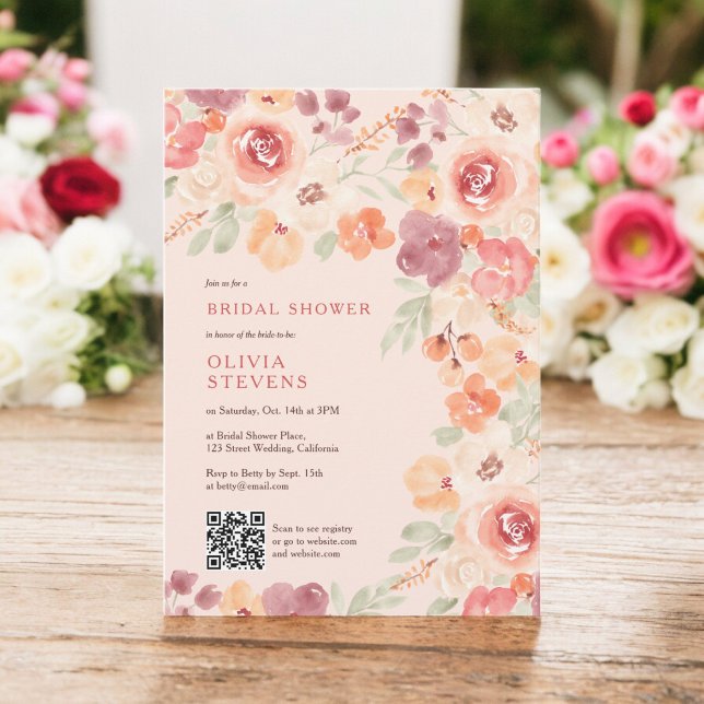 Boho chic fall peach blush qr Brautparty Einladung (Boho rustic fall peach blush qr code bridal shower invitation on blush)