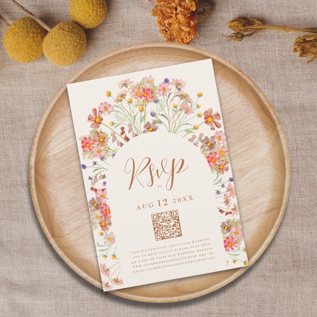 Boho Chic Fall Wildblume Arch RSVP Karte (Boho fall Wildflower floral arch Wedding RSVP website QR code watercolor autumn florals terracotta)