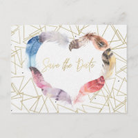 Boho Chic Feather Heart Save the Date Modern