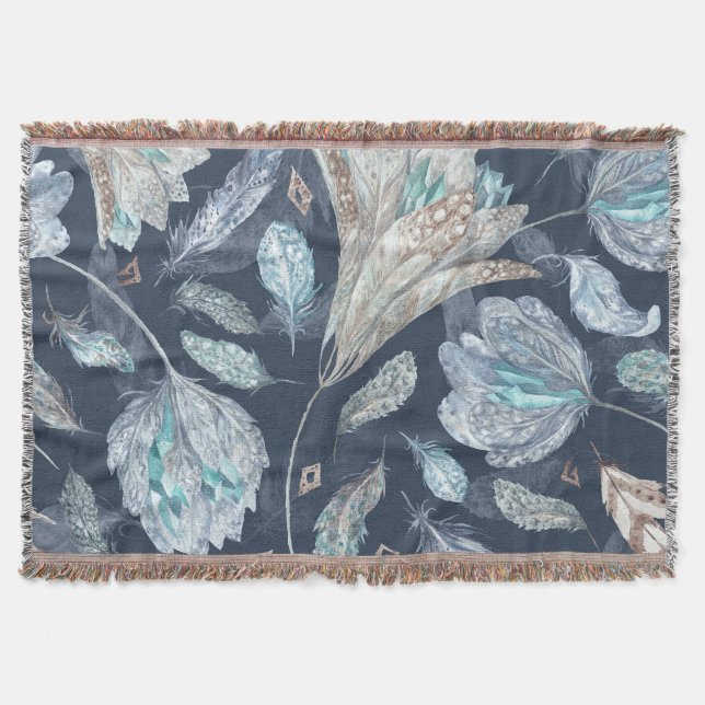 Boho Chic Feathers Blume: Watercolor Dark Blue P Decke (Vorderseite)