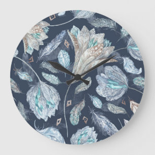 Boho Chic Feathers Blume: Watercolor Dark Blue P Große Wanduhr