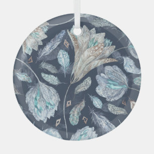 Boho Chic Feathers Blume: Watercolor Dark Blue P Ornament Aus Glas