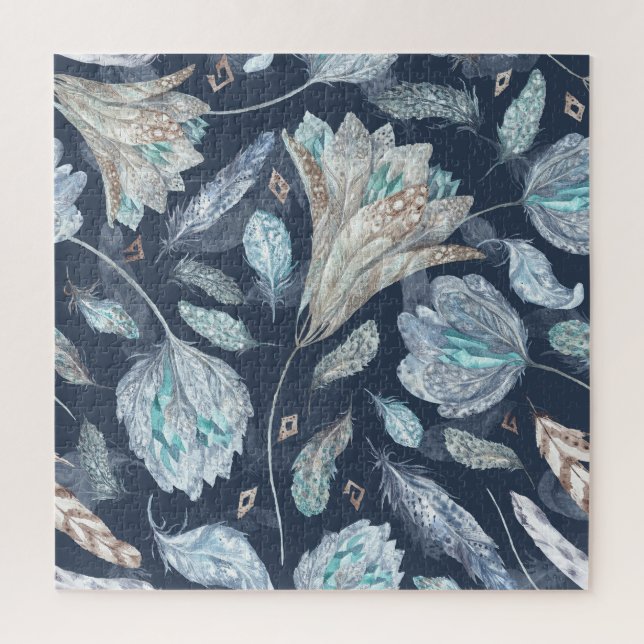 Boho Chic Feathers Blume: Watercolor Dark Blue P Puzzle (Vertikal)