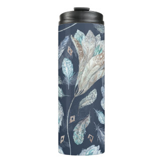 Boho Chic Feathers Blume: Watercolor Dark Blue P Thermosbecher