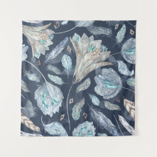 Boho Chic Feathers Blume: Watercolor Dark Blue P Wandteppich
