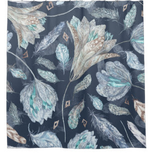 Boho Chic Federn Blumen: Wasserfarbe Dunkelblau P Duschvorhang