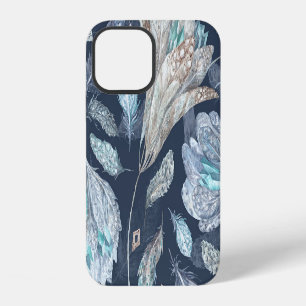 Boho Chic Federn Blumen: Wasserfarbe Dunkelblau P iPhone 12 Hülle