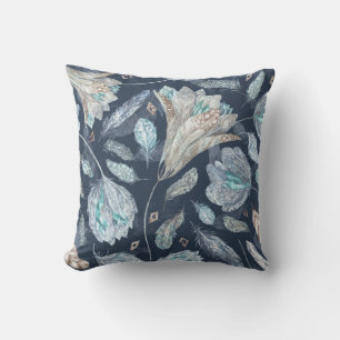 Boho Chic Federn Blumen: Wasserfarbe Dunkelblau P Kissen