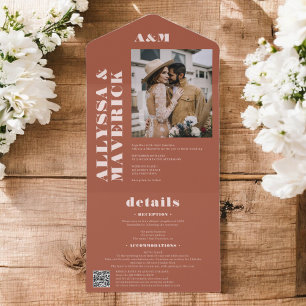 Boho chic Feste einfache Terrakotta-Foto-Hochzeit All In One Einladung