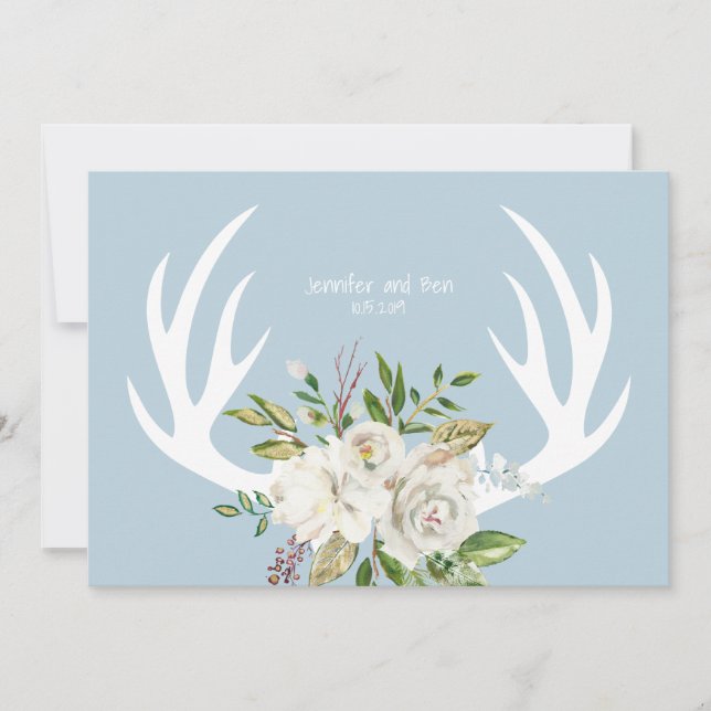 Boho Chic Floral Antlers Wedding Blue Dankeskarte (Vorderseite)