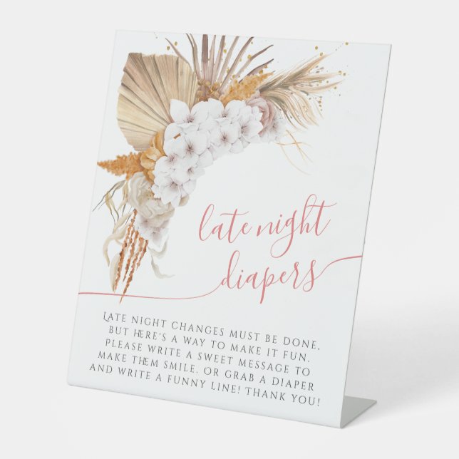 Boho Chic Floral Baby Dusche Spate Night Diapers Sockelschild (Vorderseite)
