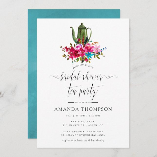 Boho Chic Floral Brautparty Tee Party Einladung (Vorne/Hinten)