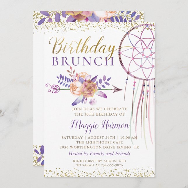 Boho Chic Floral Dreamcatcher Birthday Brunch Einladung (Vorne/Hinten)
