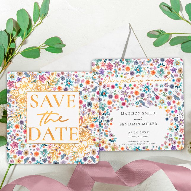 Boho Chic Floral Gold Wildblume Garden Wedding Save The Date (Front/Back)