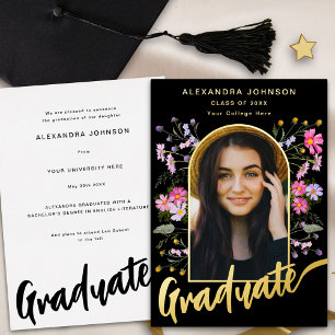 Boho Chic Floral Graduate Foto Arch Script Gold Folieneinladung