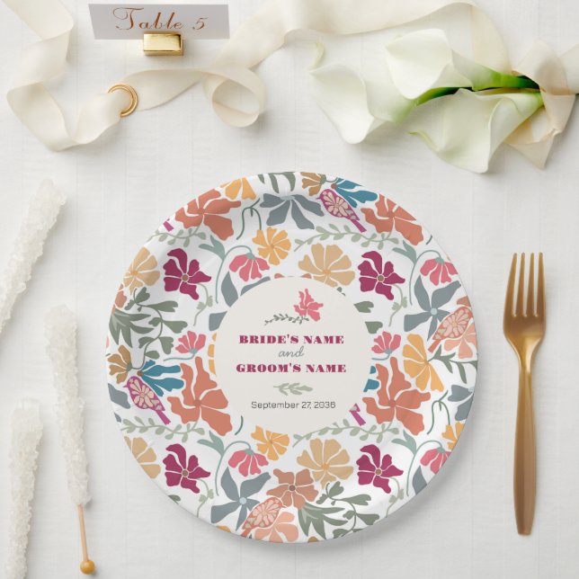 Boho Chic Floral Mitte des Jahrhunderts Retro Hoch Pappteller (Hochzeit)