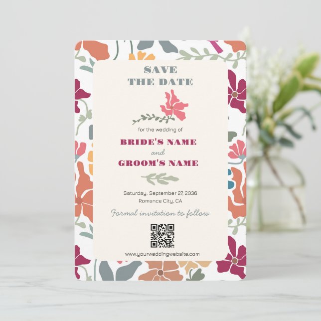 Boho Chic Floral Mitte des Jahrhunderts Retro Hoch Save The Date (Stehend Vorderseite)