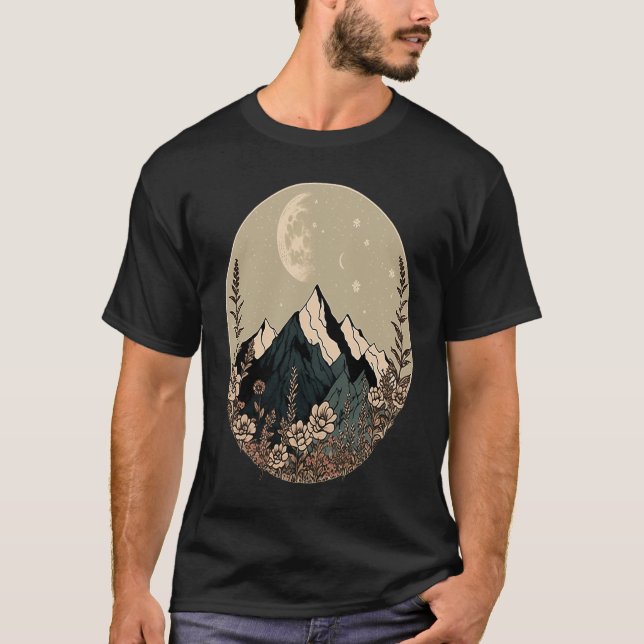 Boho Chic Floral Moon Mountain T-Shirt (Vorderseite)