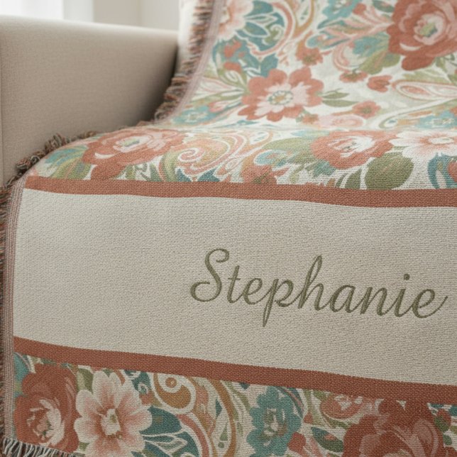 Boho Chic Floral Paisley Pattern Throw Blanket Decke (Personalized heirloom floral throw blanket)