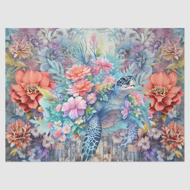 Boho Chic Floral Sea Turtle Decoupage Tissue Paper Seidenpapier (Vorderseite)