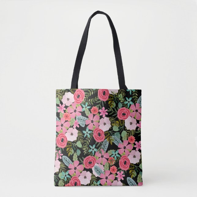 Boho chic floral tobag Schwarz pink (Vorderseite)