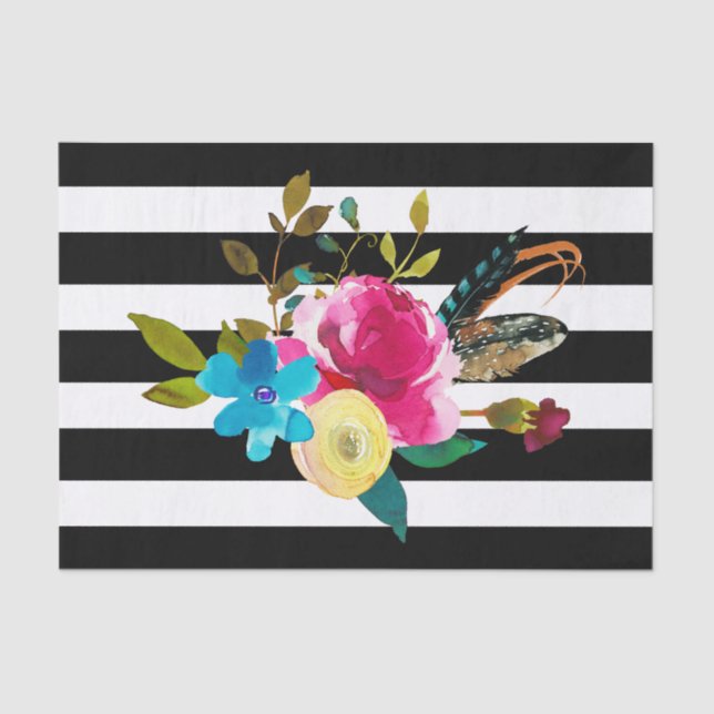 Boho Chic Floral Wasserfarbe & Streifen Hochzeit Seidenpapier (Vorderseite)