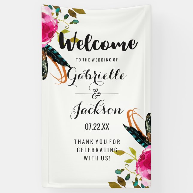 Boho Chic Floral Watercolor Hochzeit Begrüßung Banner (Vertikal)