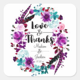 Boho Chic Floral Wreath Lila Liebe & Dank Quadratischer Aufkleber
