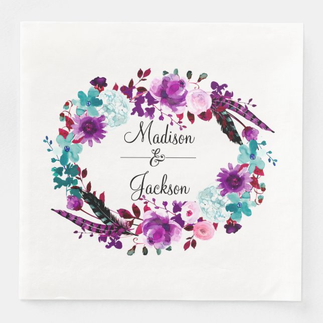 Boho Chic Floral Wreath Lila Wedding Monogram Serviette (Vorderseite)