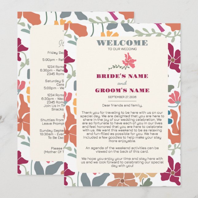 Boho-Chic-Florale Retro-Hochzeitsplanung Programm (Vorne/Hinten)