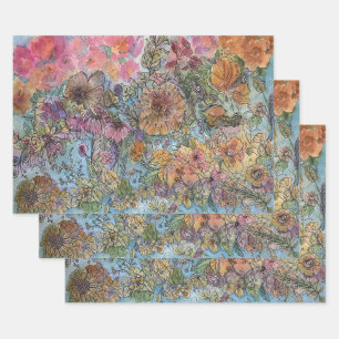 Boho Chic Flower Garden Aquarellbilder Geschenkpapier Set