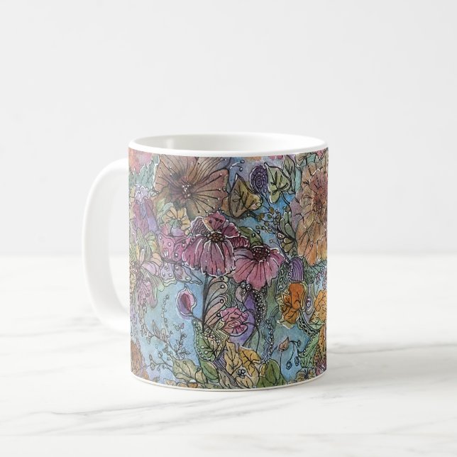 Boho Chic Flower Garden Aquarellbilder Kaffeetasse (Vorderseite Links)