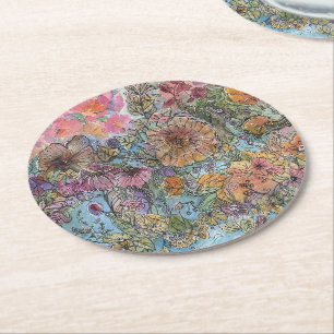 Boho Chic Flower Garden Aquarellbilder Runder Pappuntersetzer