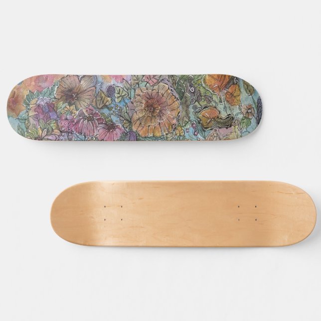 Boho Chic Flower Garden Aquarellbilder Skateboard (Horizontal)
