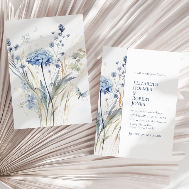 Boho Chic French Blue Wildblumen Hochzeit Einladung (Boho Chic French Blue Wildflowers Wedding Invitation on a sunny dry palm leaf.)