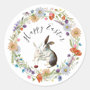 Boho Chic Fröhlicher Osterhase Wasserfarbe Wildblu Runder Aufkleber