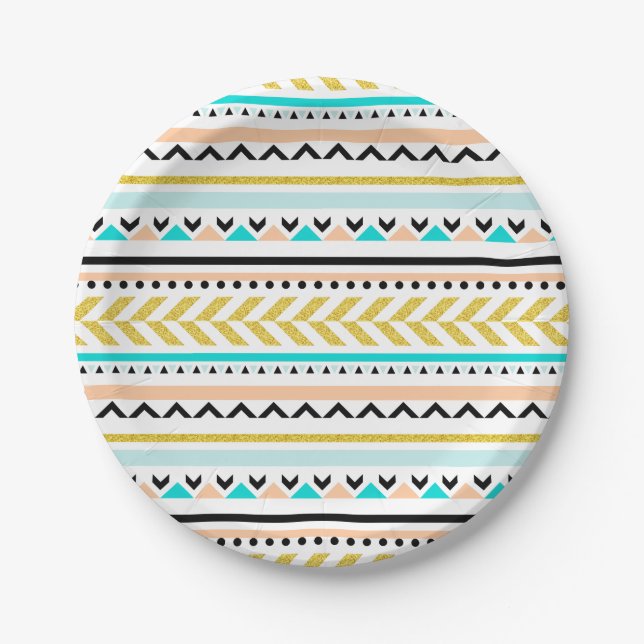 Boho Chic Gold Turquoise Aztec Muster Pappteller (Vorderseite)