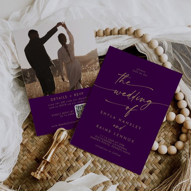 Boho Chic Gold und Lila Foto QR Code Wedding Einladung (Von Creator hochgeladen)